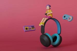 Man in yellow shirt holding gamepad playing game on headphones with game controller floating next to it on pink background. 3D render illustration photo