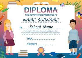 Diploma template for elementary school. A4 format horizontal. Enter the name, school name, date, signature. Ready to print. Vector illustration. Children's certificate.