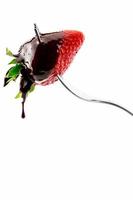 Strawberry on fork with  liquid chocolate on a white background.Vertical image photo