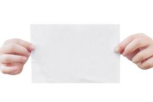 Child hands holding empty white paper isolated on white background with clipping path. Copy space for text.
