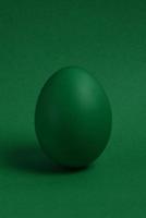 One green painted Easter egg stand on a green background. photo