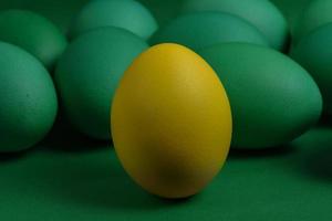 One yellow painted Easter egg stands in front of green eggs on a green background. photo