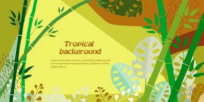 Tropical background with stalks of bamboo, monstera, jungle foliage. Vector illustration in warm yellow, brown colors. Template for cover, advertising, web design, poster. Place for text.