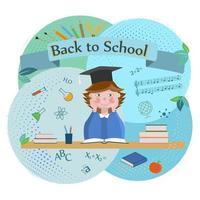 Back to school. Vector banner with cartoon character and items of school education, place for an inscription. School drawing for children by September 1.