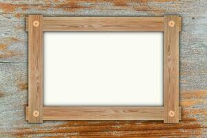 marco de madera vacío, colgado en el fondo de los paneles de madera. diseño de estilo retro foto