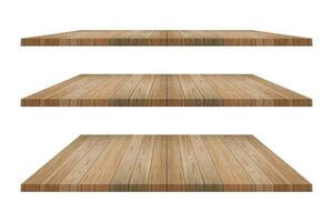 Set of brown wood shelves on isolated white background. Objects with clipping path for design work and decoration photo