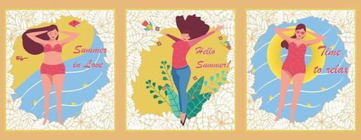 Set of three summer cards. Vector drawing with a beautiful young girl, a little fat, in a red bathing suit. Hello summer. Template elements for design.