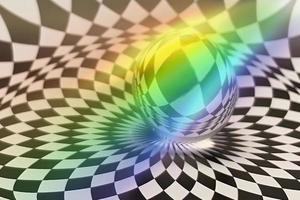 reflejo de patrones geométricos y abstractos en esfera de vidrio con efecto de colores del arco iris. foto