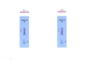 covid-19, kit de prueba atk de antígeno rápido de coronavirus, resultado positivo y negativo. prueba de hisopado nasal. foto