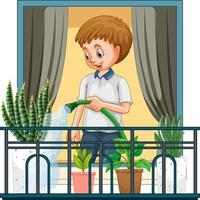 A man watering plants standing on the balcony vector
