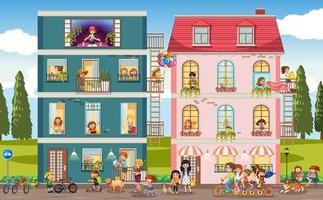 Apartment windows with neighbors cartoon character vector