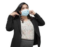 Asian lady wearing mask new normal in office for protect safety infection Covid-19 Coronavirus isolate on white background with clipping path and copy space. photo