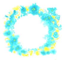 Abstract hand drawn watercolor background with place for text in the center. Turquoise, blue, yellow blurred spots in the shape of a round frame. photo