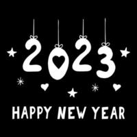 2023 feliz año nuevo, corazones, estrellas y copos de nieve sobre fondo negro. plantilla de tarjeta dibujada a mano en estilo garabato. pancarta, cartel. fiesta. vector