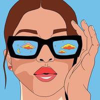 Girl in sunglasses looks at the clouds. Reflection in sunglasses vector