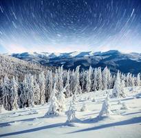 starry sky in winter snowy night. fantastic milky way in the New Year's Eve. In anticipation of the holiday. Dramatic scene. Carpathian. Ukraine photo