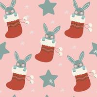 Seamless pattern Cute rabbit sleeps in a Christmas sock. Holiday hand drawn vector design.