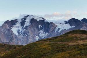 Thick fog on the mountain pass Goulet. Autumn Landscape. Georgia, Svaneti. Caucasus mountains photo