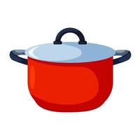 Red saucepan.Kitchen utensil. Vector illustration cartoon flat icon isolated on white background.