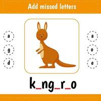 Add missed letters. Educational worksheet. Kangaroo vector