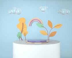 Abstract backdrop for product display, podium with trees and plants, 3d illustration photo