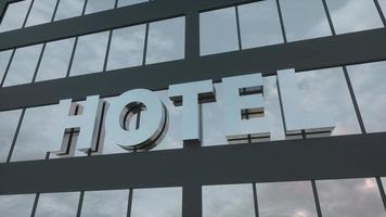 Hotel sign on a modern glass skyscraper. Travel and tourism concept. 3d rendering