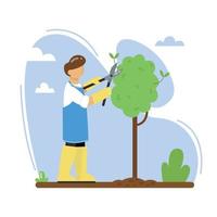 A gardener cuts a tree in the garden. A man pruning branches of a tree with pruner. Vector illustration.