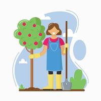 A young woman planted an Apple tree. A woman works in the garden. A woman stands with a shovel in her hand. Vector illustration.