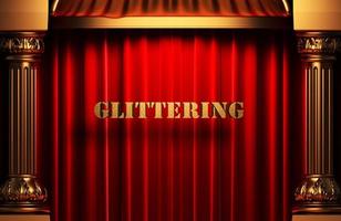 glittering golden word on red curtain photo