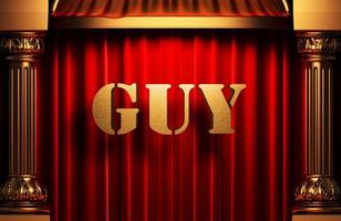 guy golden word on red curtain photo