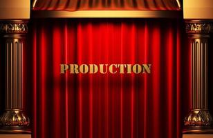 production golden word on red curtain photo