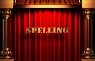 spelling golden word on red curtain photo