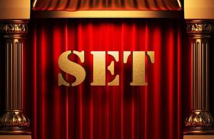 set golden word on red curtain photo