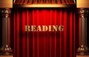 reading golden word on red curtain photo