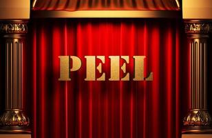 peel golden word on red curtain photo