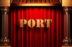 port golden word on red curtain photo