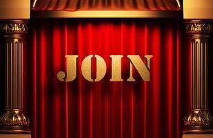 join golden word on red curtain photo