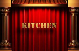 kitchen golden word on red curtain photo