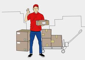 A freight forwarder ready to ship goods with a thumbs up. With piles of packages of goods around him vector
