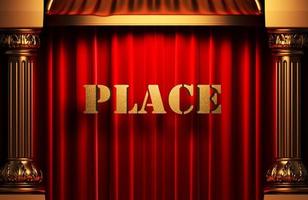 place golden word on red curtain photo