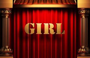 girl golden word on red curtain photo