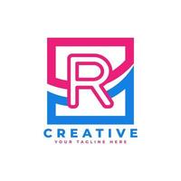 logotipo de la letra r de la corporación con diseño cuadrado y swoosh y elemento de plantilla de vector de color rosa azul