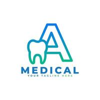 Dental Clinic Logo. Blue Linear Shape Letter A Linked with Tooth Symbol inside. Usable for Dentist, Dental Care and Medical Logos. Flat Vector Logo Design Ideas Template Element.