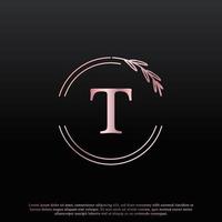 Elegant T Letter Circle Floral Logo with Creative Elegant Leaf Monogram Branch Line and Pink Black Color. Usable for Business, Fashion, Cosmetics, Spa, Science, Medical and Nature Logos. vector