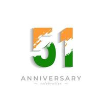 51 Year Anniversary Celebration with Brush White Slash in Yellow Saffron and Green Indian Flag Color. Happy Anniversary Greeting Celebrates Event Isolated on White Background vector