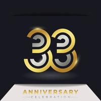 Celebración del aniversario de 33 años con varias líneas vinculadas de color dorado y plateado para eventos de celebración, bodas, tarjetas de felicitación e invitaciones aisladas en un fondo oscuro vector