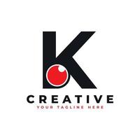 Abstract Eye Logo Letter K. Black Shape K Initial Letter with Red Eyeball inside. Use for Business and Technology Logos. Flat Vector Logo Design Ideas Template Element