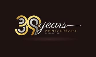 Logotipo de celebración de aniversario de 39 años con varias líneas vinculadas de color plateado y dorado para eventos de celebración, bodas, tarjetas de felicitación e invitaciones aisladas en un fondo oscuro vector