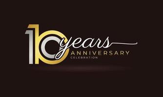 10 Year Anniversary Celebration Logotype with Linked Multiple Line Silver and Golden Color for Celebration Event, Wedding, Greeting Card, and Invitation Isolated on Dark Background vector