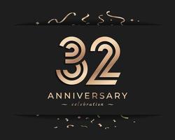 Diseño de estilo de logotipo de celebración de aniversario de 32 años. el saludo de feliz aniversario celebra el evento con múltiples líneas doradas y confeti aislado en la ilustración de diseño de fondo oscuro vector